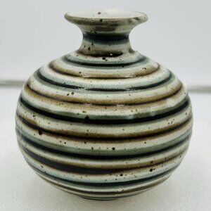 Otagiri OMC Japan Miniature 4" Bud Vase Blue Brown Striped Gold Sticker Vintage